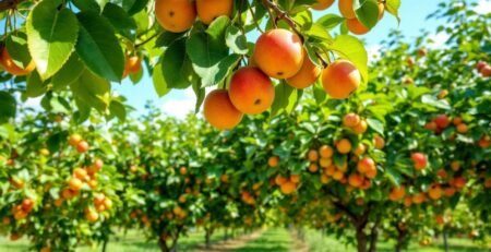 Verger avec des arbres fruitiers et des fruits mûrs.