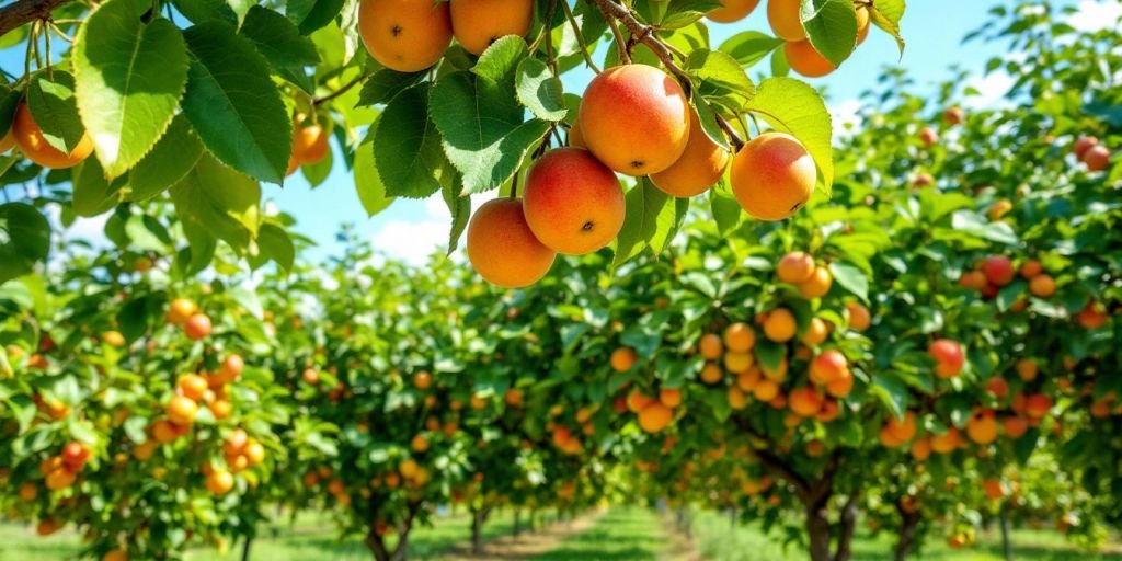 Verger avec des arbres fruitiers et des fruits mûrs.