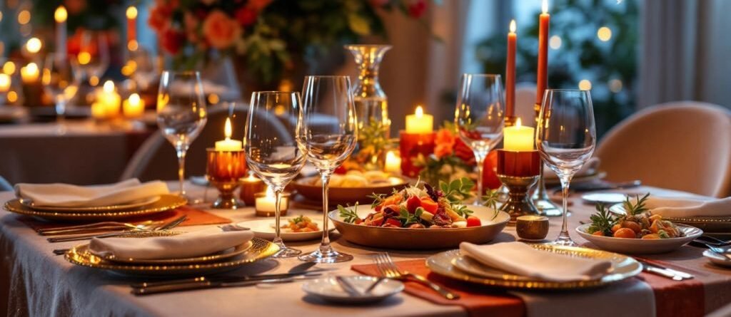 Table élégante avec vaisselle de luxe et plats raffinés.