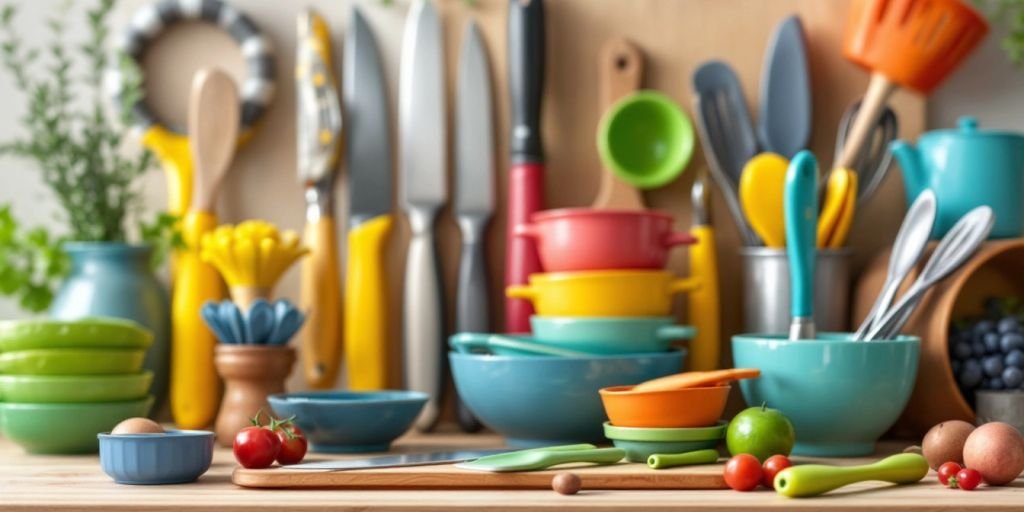 Outils de cuisine colorés sur un plan de travail en bois.